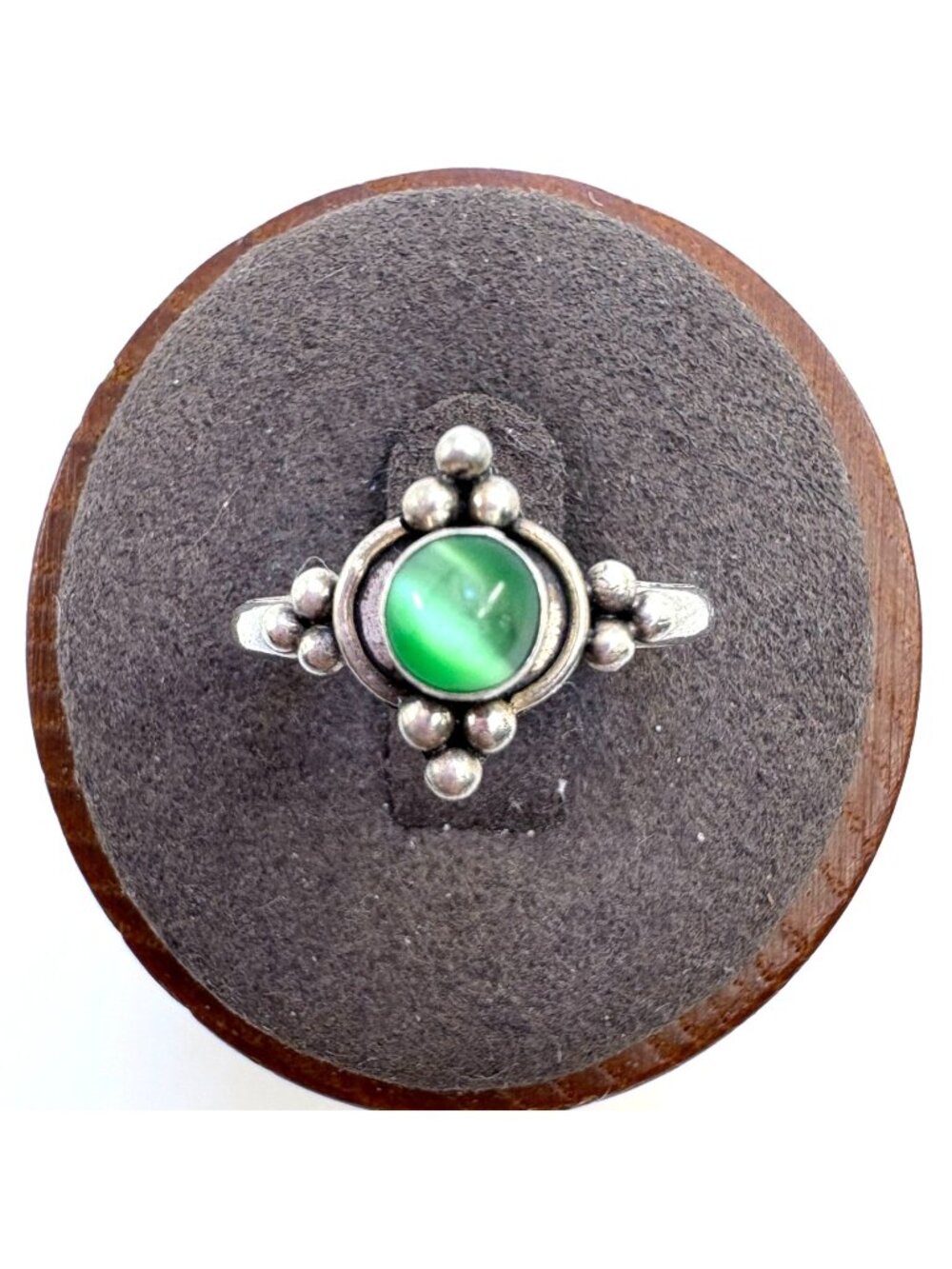 Green Cat's Eye Bezel Set Beaded Border Ring Sterling Silver 925 Size 6